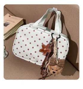 White polka dot makeup bag with cute bear pendant, multi-layer portable toiletry storage bag