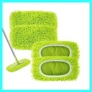 Green chenille flat mop replacement pads set for home cleaning, washable and reusable.