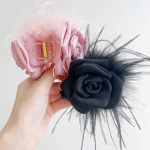 Elegant Satin Rose Flower Ostrich Feather Hair Claw Clip Handmade Vintage Camellia Hair Accessories For Wedding Party Women
