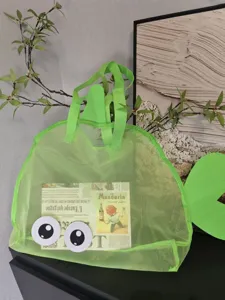 Children green mesh beach bag with cute big eyes, large capacity outdoor toy storage tote.