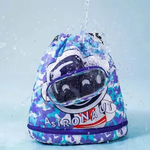 Waterproof kids drawstring swim backpack with astronaut graphic and wet dry separation design.
