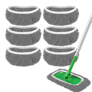 Grey chenille mop replacement cloth pads set with handle for daily household floor cleaning