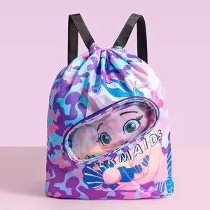 Kids waterproof swim backpack with transparent pocket, mermaid print drawstring bag for beach.