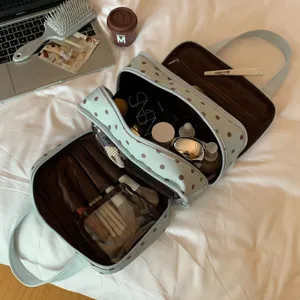 Large capacity multi-layer cosmetic bag for travel, portable waterproof makeup storage organizer.