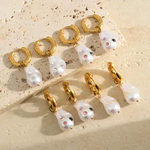 18K gold plated stainless steel baroque pearl hoop earrings with colorful crystals