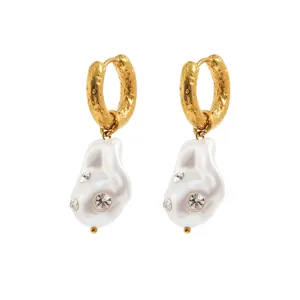 Elegant 18K gold plated stainless steel baroque pearl earrings with sparkling crystal accents