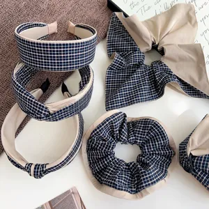 Women Vintage Blue Plaid Wide Knot Headband Artistic Checkered Hair Band Scrunchies Bowknot Hair Claw Clip Fashion Hair Accessories