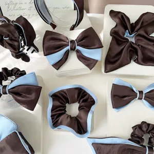 Elegant Minimalist Satin Bow Wide Headband Scrunchie Set Coffee Blue Contrast Color French Style Hair Accessories For Women Daily Office
