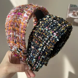 Serre-Tête Rembourré en Tweed pour Femmes Style Chanel Bandeau Tressé Large Accessoires Cheveux Mode Hiver