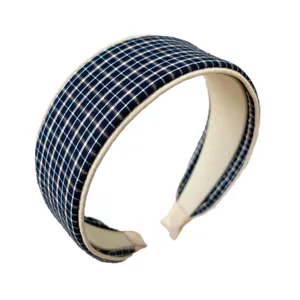 Classic blue plaid wide headband hair accessory with minimalist fashion style for women
