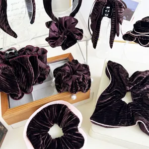 Vintage Velvet Sponge Padded Knotted Headband Bow Hair Tie Artificial Pearl Scrunchie Elegant Winter Hair Accessories For Women