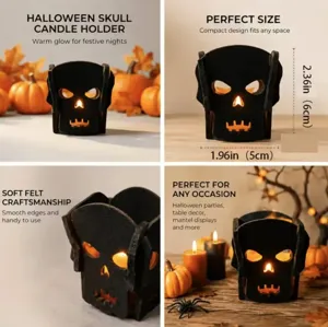 Bougeoir en Feutre Noir d'Halloween Fantôme Crâne Ajouré Décoration de Bureau Festive Support de Bougie pour Fête