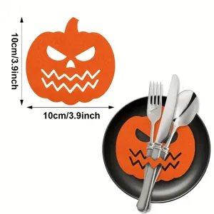 Detailed dimensions of orange pumpkin felt coaster and Halloween cutlery holder