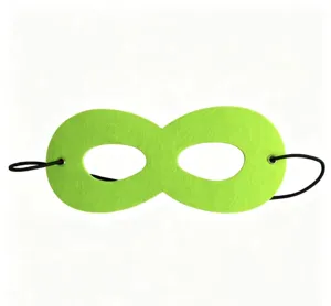 Detail view of a lime green felt superhero eye mask for children's Halloween parties.