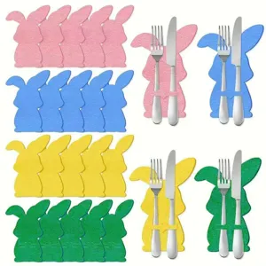 Detailed view of 12 colorful Easter bunny cutlery holders for festive table setting