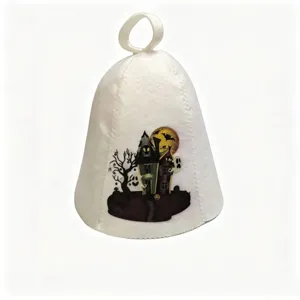 Close-up of white felt sauna hat featuring a spooky Halloween haunted house print