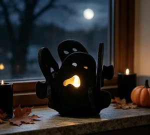 Gros plan d'un photophore en feutrine noire en forme de fantôme pour fête Halloween
