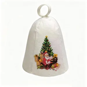 Close-up detail view of white felt sauna hat featuring Christmas tree and Santa print