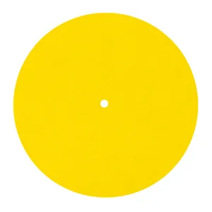Vista superior de un tapete de plato giratorio de fieltro amarillo para discos de LP
