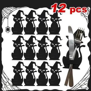 Set of 12 black cat cutlery holders with witch hats for Halloween table setting decor