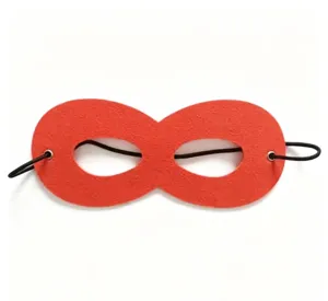 Front detail view of red felt superhero eye mask for kids with black elastic strap.