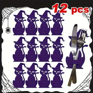 Set of 12 purple felt cat-shaped Halloween cutlery holders with witch hat design.
