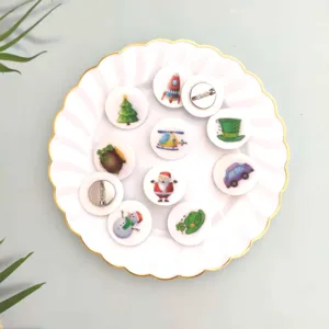 Detailed view of cartoon brooches featuring Christmas and St. Patrick's Day motifs