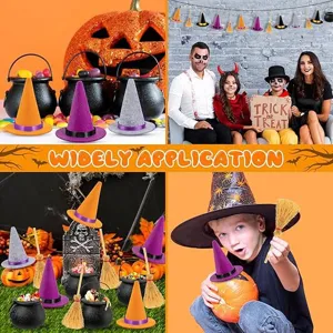 Mini sombreros de bruja de fieltro de colores para decoración de Halloween y manualidades.