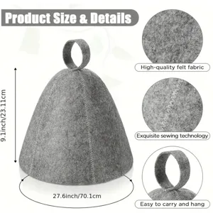 Grey felt sauna hat detail view with 9.1 inch height and high-quality fabric specs