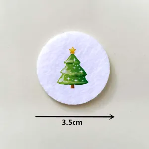Close-up view of 3.5cm diameter circular Christmas tree badge with white felt texture