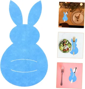 Detailed view of blue felt Easter bunny cutlery holder with table setting examples