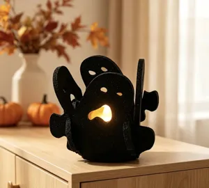 Détail d'un photophore en feutre noir en forme de fantôme avec lumière chaude d'Halloween
