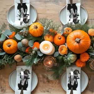 Festive Halloween table setting featuring black cat-shaped cutlery holders on white napkins.