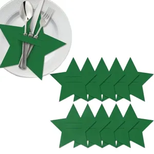 Set of green star-shaped felt Christmas cutlery holders for elegant table settings