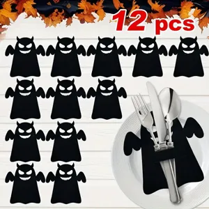 Set of 12 Halloween felt cutlery holders in black demon bat shape for table decor