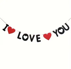 Decorative felt garland with I LOVE YOU letters and red hearts for Valentine's Day.
