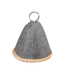 Classic grey wool felt sauna hat with braided straw trim and hanging loop for spa use