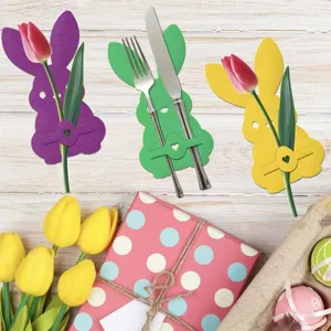 Easter bunny felt cutlery holders in vibrant colors for festive holiday party table settings