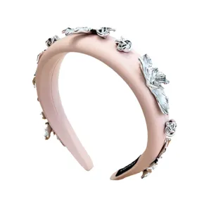 Serre-tête rembourré rose élégant orné de pétales en métal argenté pour un look chic