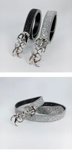 Y2K cyber punk hollow silver buckle glitter belt detail, trendy women accessory jeans skirt.