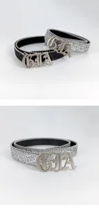 Stylish glitter women's belt with gothic letter buckle, shiny rhinestone design for jeans.