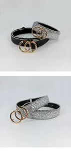 Fashion women glitter rhinestone belt with double round gold buckle for jeans stylish.