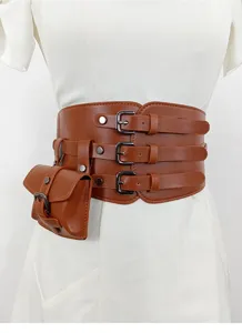 Cinturón ancho de cuero de moda para mujer con minibolso tres hebillas cintura