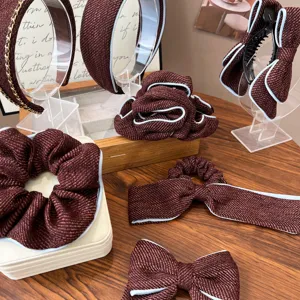Vintage Tweed Bowknot Hair Accessories For Women Chain Headband Bow Hair Clip Scrunchie Elegant Autumn Winter Hairband Headpiece