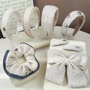 Women Korean Tweed Style High Top Headband Gold Sequin Knit Hairband Elegant Metal Chain Hair Clip Headwear Daily Accessory