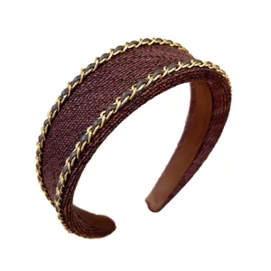 Vintage burgundy wide headband with woven metal chain and luxury tweed fabric texture