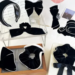 Women Elegant Black Velvet Hair Accessories Bow Hair Clips Scrunchies And Padded Headbands For Autumn Winter Korean Style