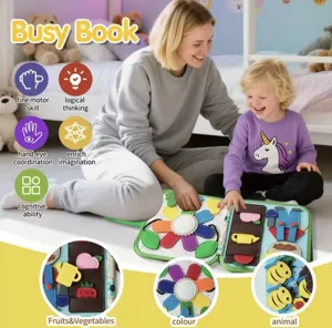 Educational felt busy book for toddlers showing fine motor skills and color recognition