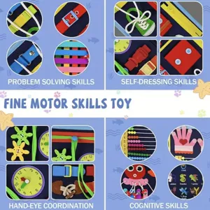 Detail showing various sections of the colorful felt busy board for fine motor skills