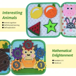 Detailed view of children's educational felt busy board for animal and number learning